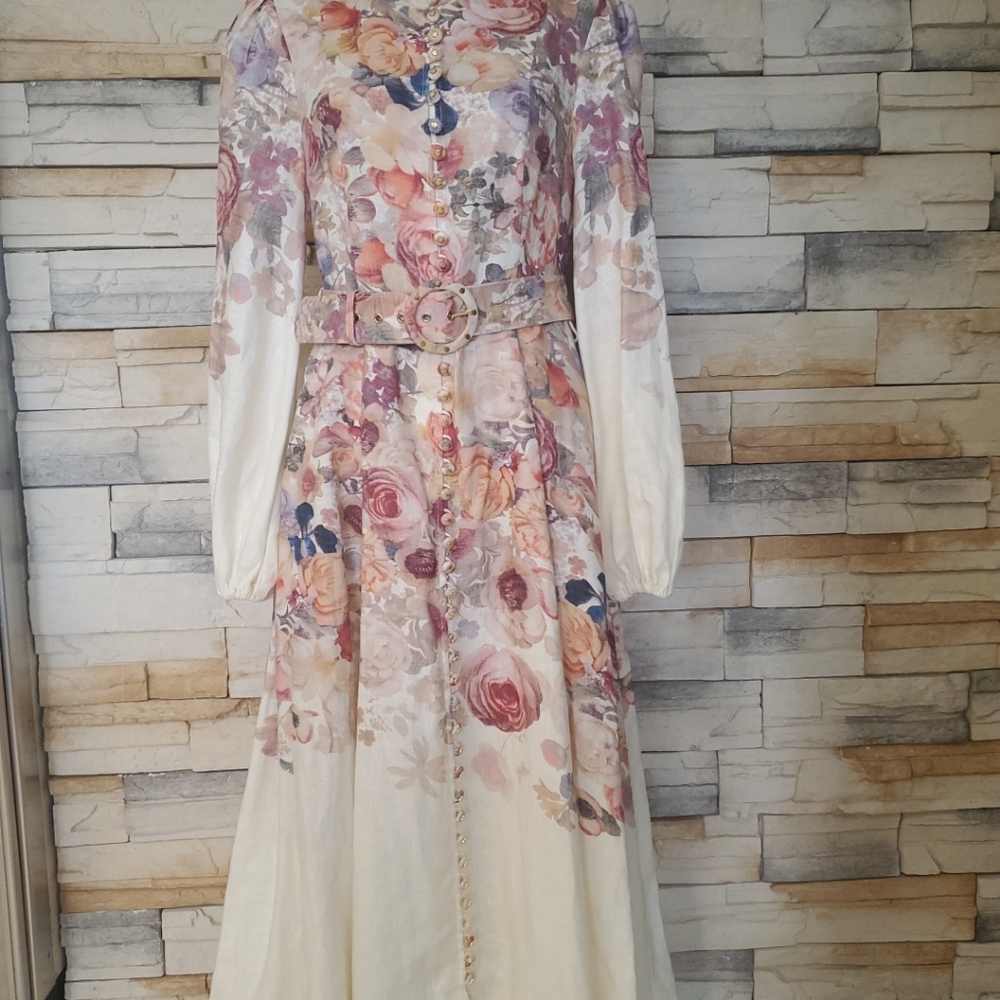 NWOT Zimmerman Luminocity Floral Long Sleeve Linen Midi Dress Size 6-8 US